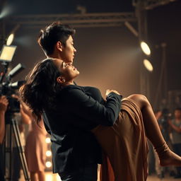 An Asian man holding a black woman in a dramatic and romantic scene, as if she almost fell to the ground, with a movie set in the background