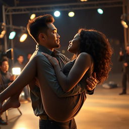 An Asian man holding a black woman in a dramatic and romantic scene, as if she almost fell to the ground, with a movie set in the background