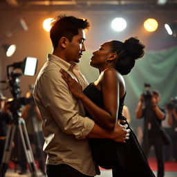 An Asian man holding a black woman in a dramatic and romantic scene, as if she almost fell to the ground, with a movie set in the background