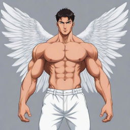 A muscular anime man with angelic wings displayed bravely, presented in vector style.