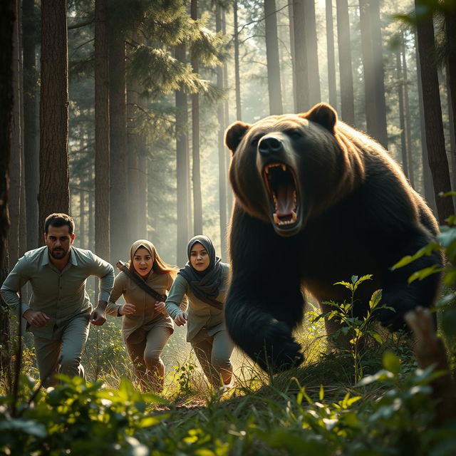 a dramatic forest scene with two men, a woman wearing a hijab, and a woman with fine hair running away from a large bear