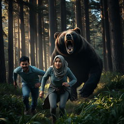 a dramatic forest scene with two men, a woman wearing a hijab, and a woman with fine hair running away from a large bear