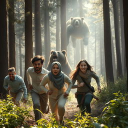 a dramatic forest scene with two men, a woman wearing a hijab, and a woman with fine hair running away from a large bear