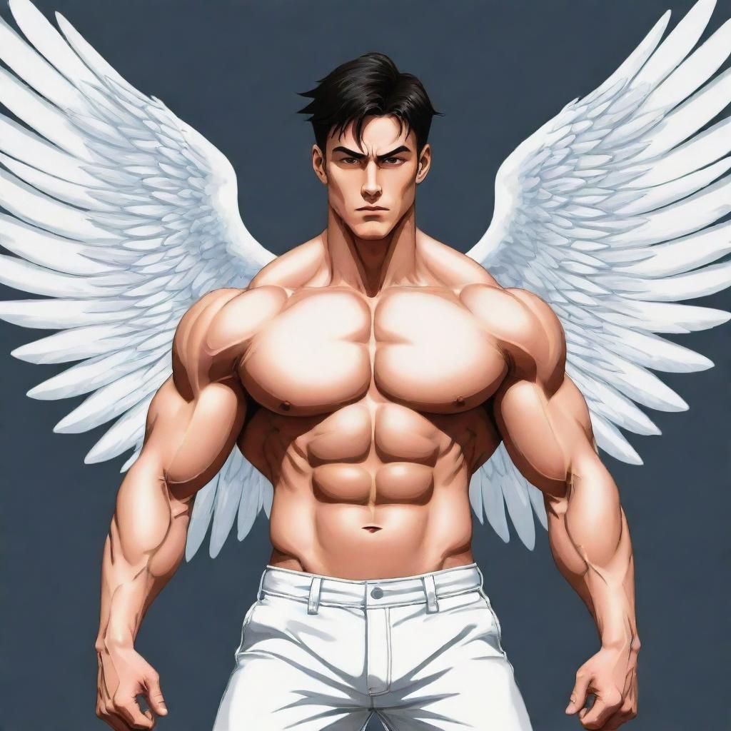 A muscular anime man with angelic wings displayed bravely, presented in vector style.