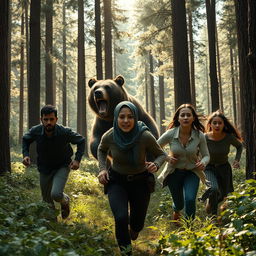 a dramatic forest scene with two men, a woman wearing a hijab, and a woman with fine hair running away from a large bear