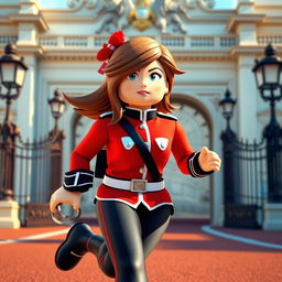 A stunning Roblox GFX masterpiece featuring a girl with brown hair wearing the iconic London Horse Guards uniform