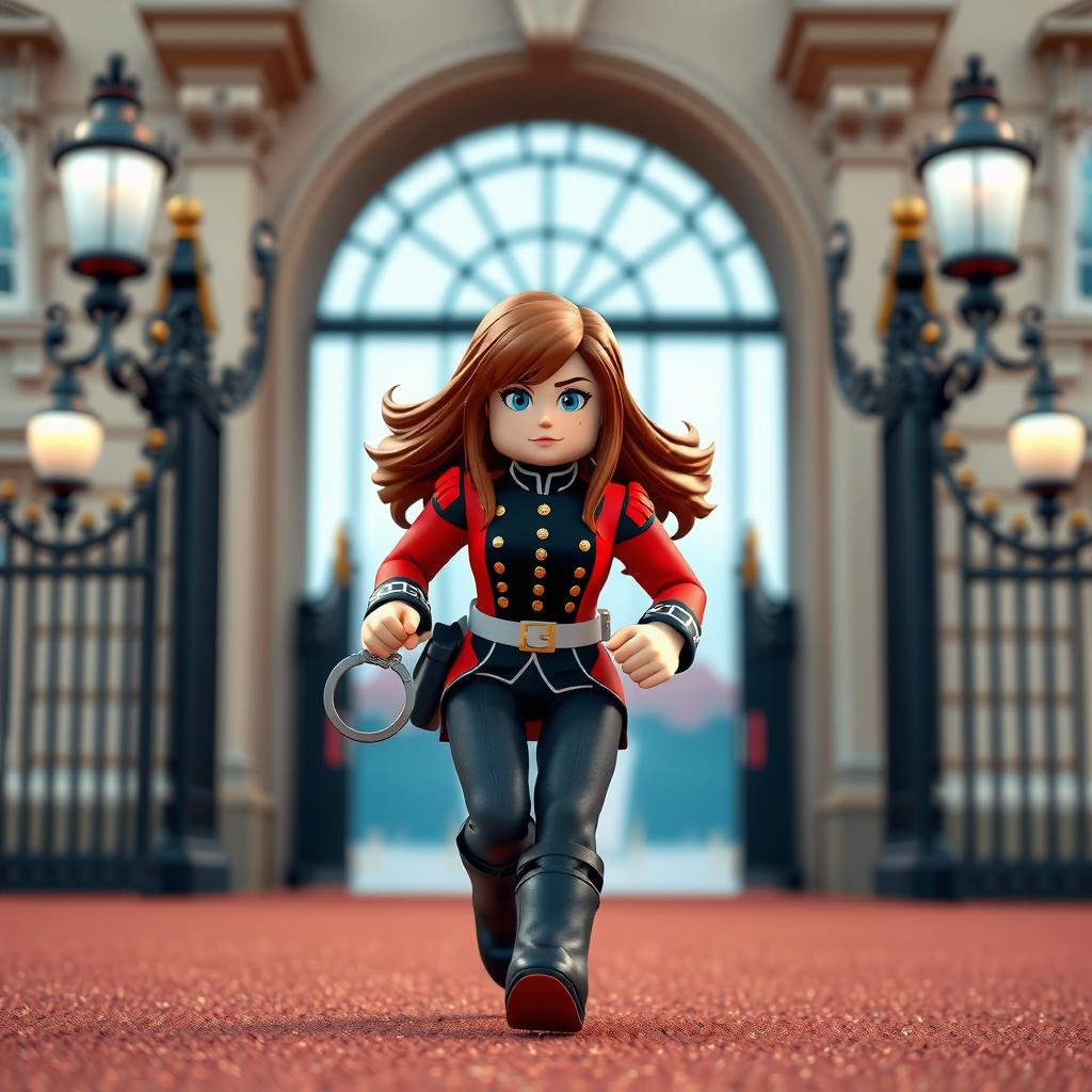 A stunning Roblox GFX masterpiece featuring a girl with brown hair wearing the iconic London Horse Guards uniform