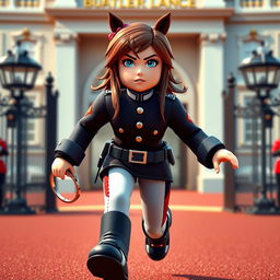 A stunning Roblox GFX masterpiece featuring a girl with brown hair wearing the iconic London Horse Guards uniform