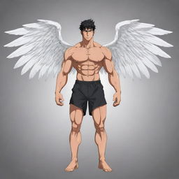 The same muscular anime man with wings as before, but now in a different dynamic pose, still rendered in vector art style.