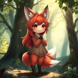 A red-haired anthropomorphic fox girl with a playful expression, displaying her vibrant red and white fur and bushy tail, standing in a mystical forest setting with sunlight filtering through the leaves, highlighting the textures of her fur and surroundings