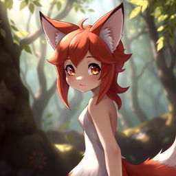 A red-haired anthropomorphic fox girl with a playful expression, displaying her vibrant red and white fur and bushy tail, standing in a mystical forest setting with sunlight filtering through the leaves, highlighting the textures of her fur and surroundings