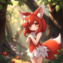 A red-haired anthropomorphic fox girl with a playful expression, displaying her vibrant red and white fur and bushy tail, standing in a mystical forest setting with sunlight filtering through the leaves, highlighting the textures of her fur and surroundings