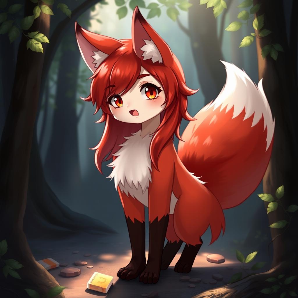 A red-haired anthropomorphic fox girl with a playful expression, displaying her vibrant red and white fur and bushy tail, standing in a mystical forest setting with sunlight filtering through the leaves, highlighting the textures of her fur and surroundings