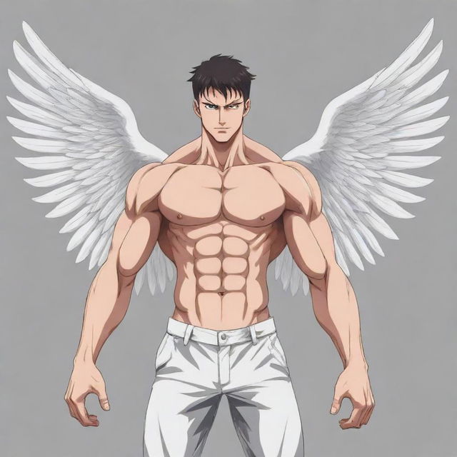 The same muscular anime man with wings as before, but now in a different dynamic pose, still rendered in vector art style.