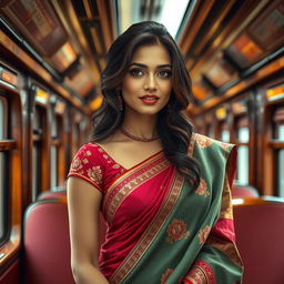 An attractive Indian woman on a train, artistically portrayed with a glamorous appeal