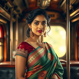 An attractive Indian woman on a train, artistically portrayed with a glamorous appeal