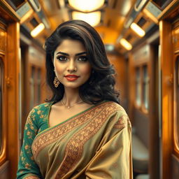 An attractive Indian woman on a train, artistically portrayed with a glamorous appeal