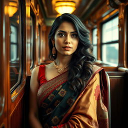 An attractive Indian woman on a train, artistically portrayed with a glamorous appeal