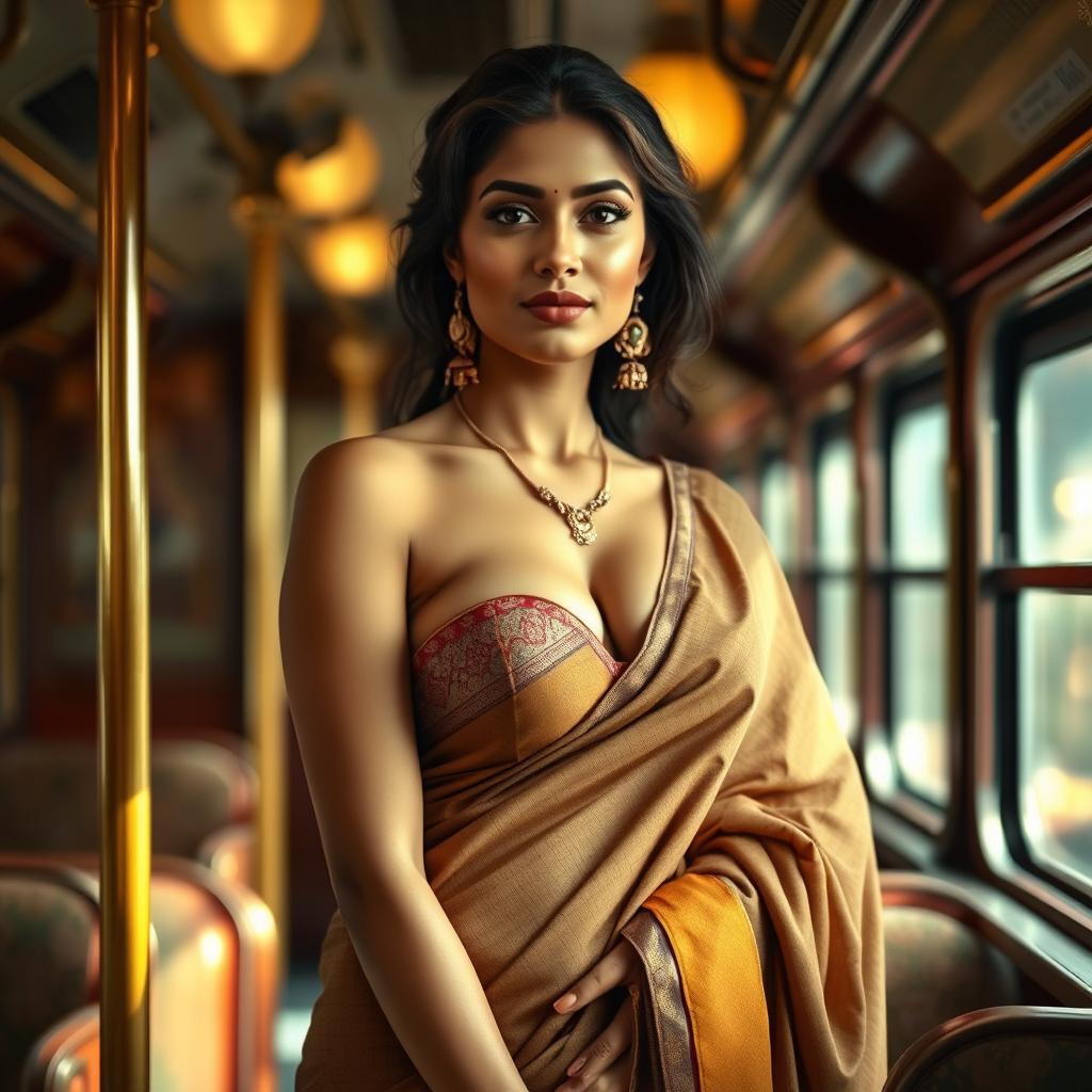 An attractive Indian woman on a train, artistically portrayed with a glamorous appeal