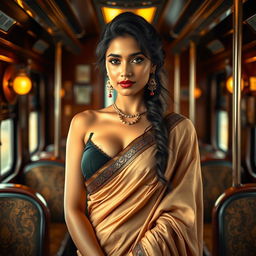 An attractive Indian woman on a train, artistically portrayed with a glamorous appeal