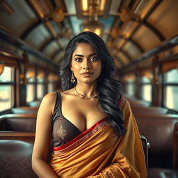 An attractive Indian woman on a train, artistically portrayed with a glamorous appeal