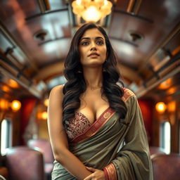 An attractive Indian woman on a train, artistically portrayed with a glamorous appeal