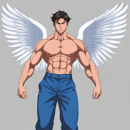 The same muscular anime man with wings as before, but now in a different dynamic pose, still rendered in vector art style.