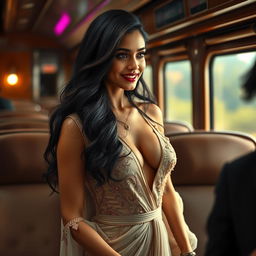 A beautiful Indian woman with long, flowing hair dressed in a sexy, elegant outfit that highlights her charm and allure