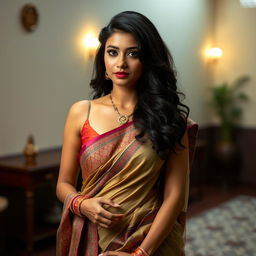 An elegant Indian woman in a beautifully draped saree, showcasing a tasteful and sophisticated look with a deep neckline that reveals an alluring glimpse of cleavage and a prominently styled navel