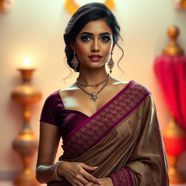 An elegant Indian woman in a beautifully draped saree, showcasing a tasteful and sophisticated look with a deep neckline that reveals an alluring glimpse of cleavage and a prominently styled navel