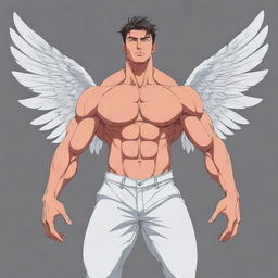 The same muscular anime man with wings as before, but now in a different dynamic pose, still rendered in vector art style.