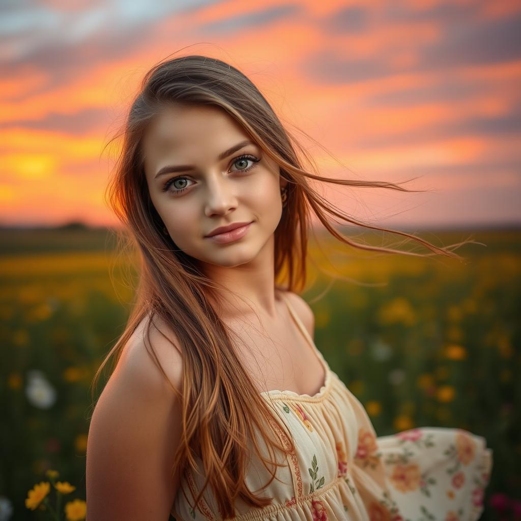 A young woman with a serene expression, set against a vibrant meadow during sunset, the sky painted in hues of orange and pink, gentle wind blowing through her long hair, dressed in a flowing summer dress