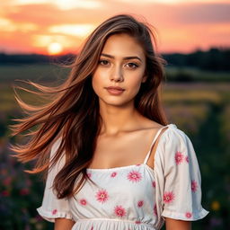 A young woman with a serene expression, set against a vibrant meadow during sunset, the sky painted in hues of orange and pink, gentle wind blowing through her long hair, dressed in a flowing summer dress