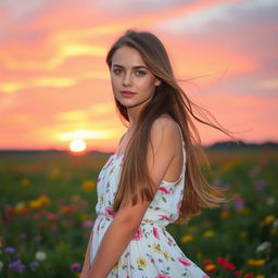 A young woman with a serene expression, set against a vibrant meadow during sunset, the sky painted in hues of orange and pink, gentle wind blowing through her long hair, dressed in a flowing summer dress