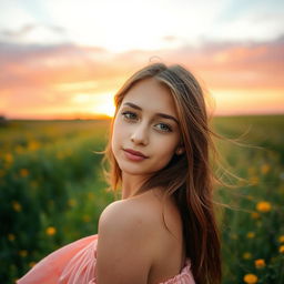 A young woman with a serene expression, set against a vibrant meadow during sunset, the sky painted in hues of orange and pink, gentle wind blowing through her long hair, dressed in a flowing summer dress