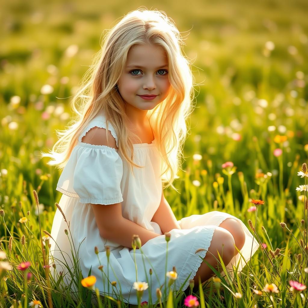 Young blonde woman with a cute expression, kneeling in a peaceful meadow