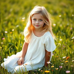 Young blonde woman with a cute expression, kneeling in a peaceful meadow