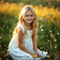 Young blonde woman with a cute expression, kneeling in a peaceful meadow