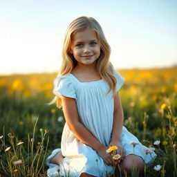 Young blonde woman with a cute expression, kneeling in a peaceful meadow