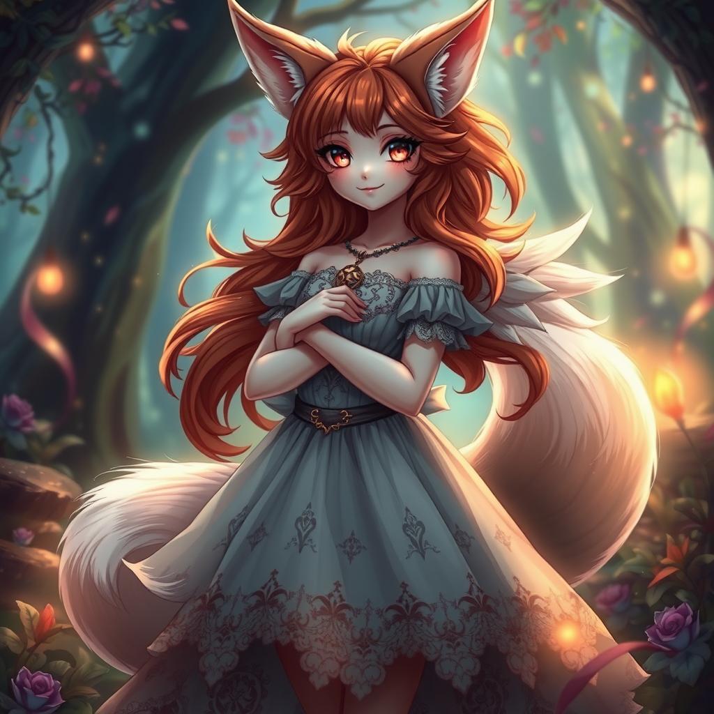 A daemon fox girl with a captivating smile, standing gracefully in a beautifully crafted dress