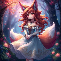 A daemon fox girl with a captivating smile, standing gracefully in a beautifully crafted dress