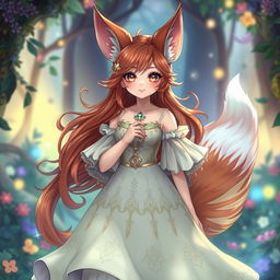 A daemon fox girl with a captivating smile, standing gracefully in a beautifully crafted dress