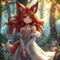 A daemon fox girl with a captivating smile, standing gracefully in a beautifully crafted dress