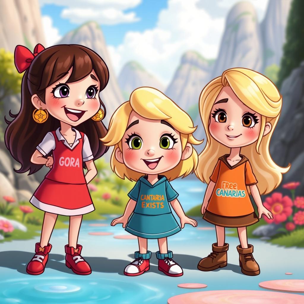 A Disney-inspired cartoon scene featuring three animated girls with distinct characteristics, capturing a joyful and adventurous atmosphere