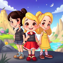 A Disney-inspired cartoon scene featuring three animated girls with distinct characteristics, capturing a joyful and adventurous atmosphere