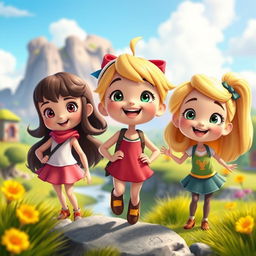 A Disney-inspired cartoon scene featuring three animated girls with distinct characteristics, capturing a joyful and adventurous atmosphere