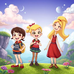 A Disney-inspired cartoon scene featuring three animated girls with distinct characteristics, capturing a joyful and adventurous atmosphere