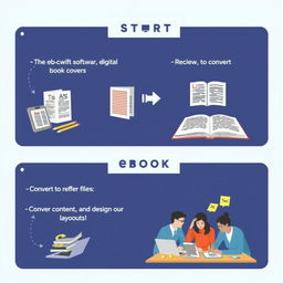 An instructional image depicting the process of creating an ebook from start to finish