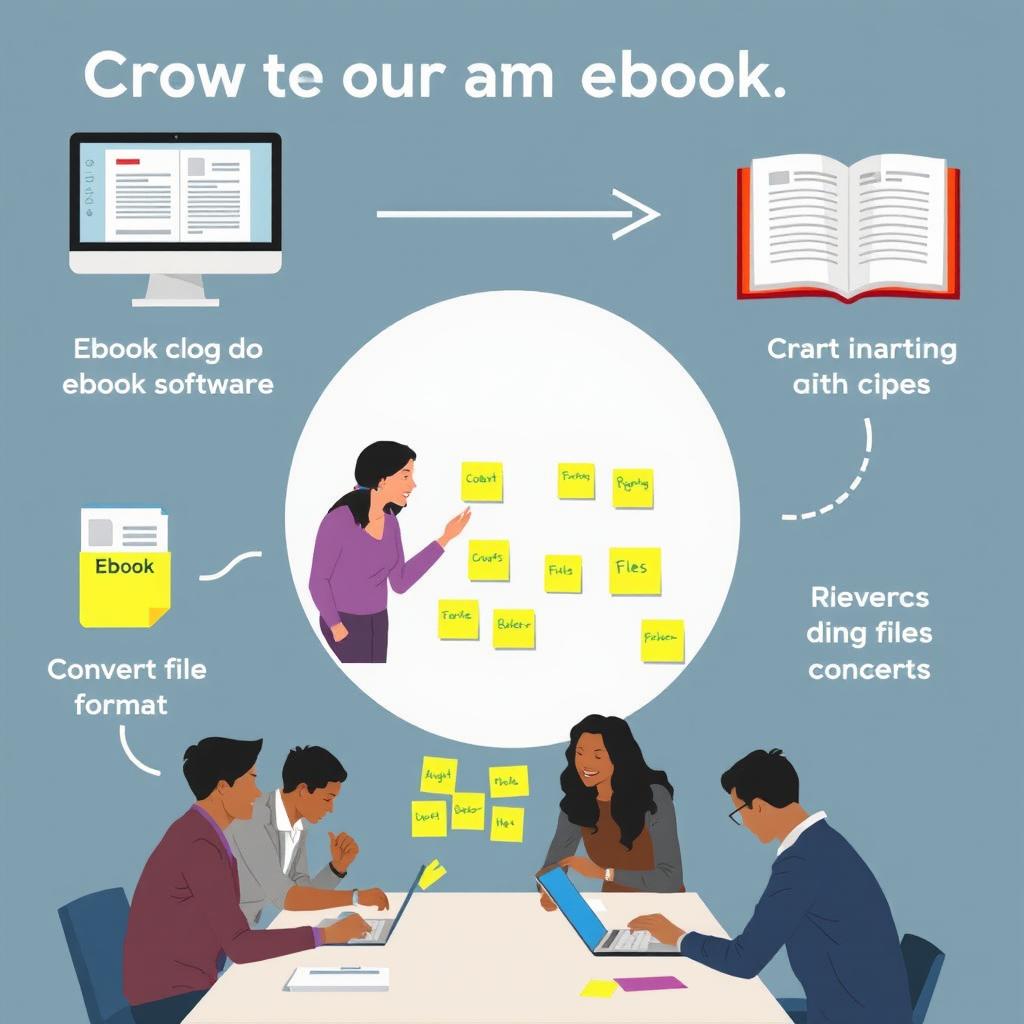 An instructional image depicting the process of creating an ebook from start to finish