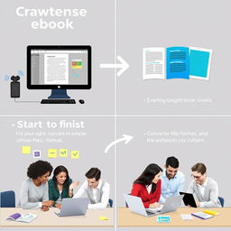 An instructional image depicting the process of creating an ebook from start to finish